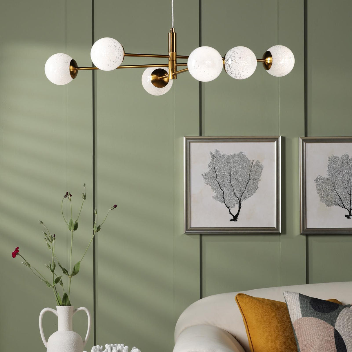 Vignette 6 Light Pendant Aged Brass With White Confetti Glass