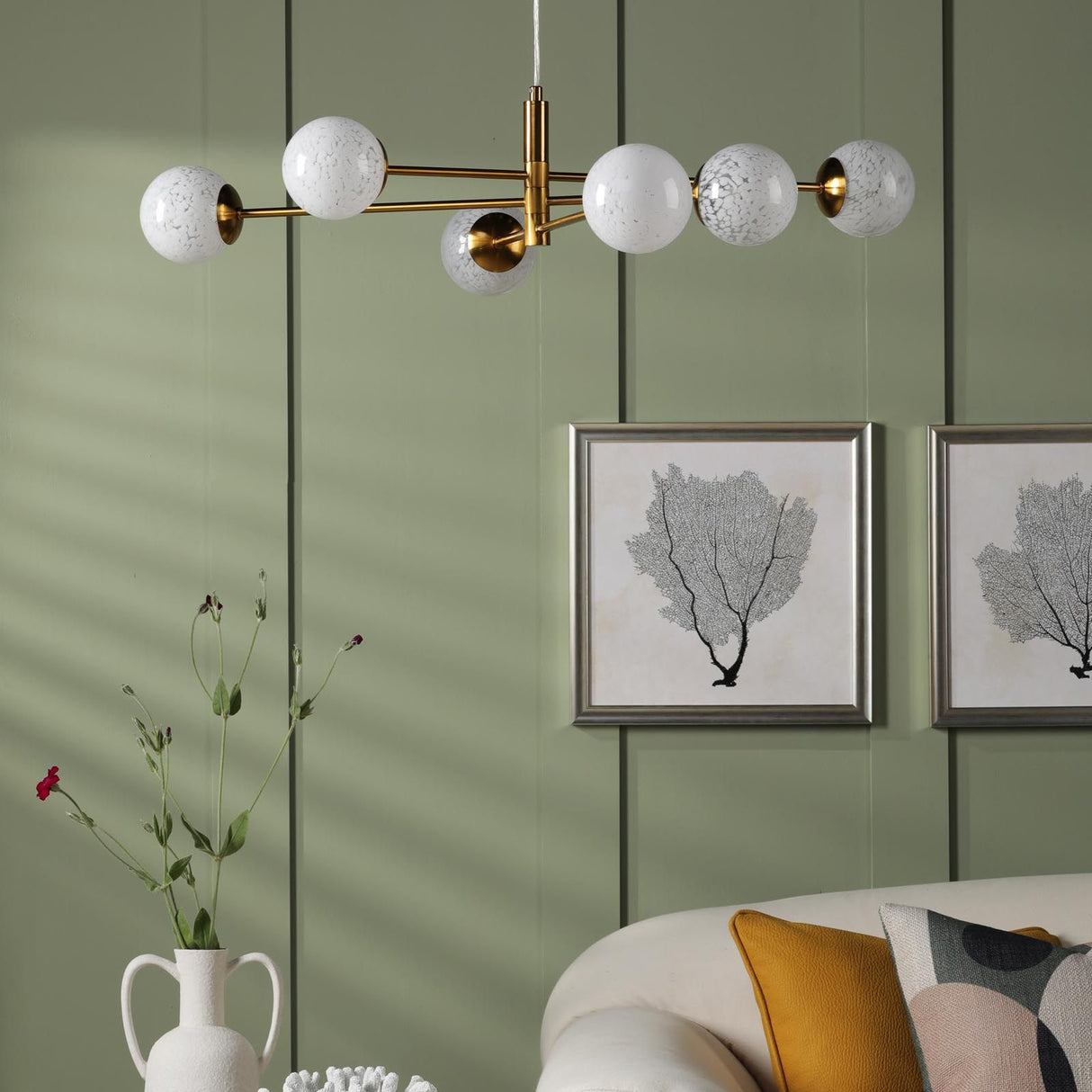 Vignette 6 Light Pendant Aged Brass With White Confetti Glass