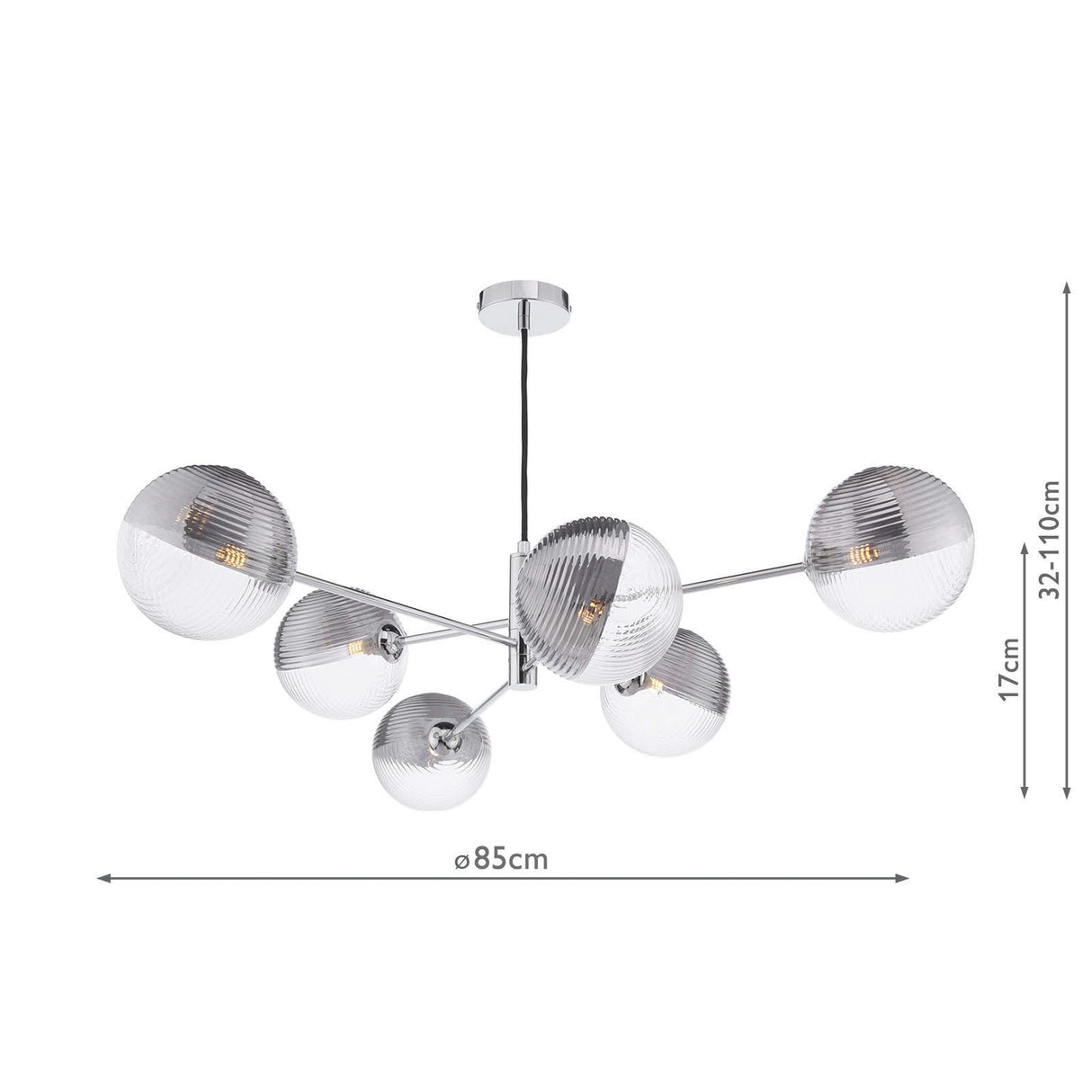 Vignette 6 Light Pendant Polished Chrome With Smoked/Clear Ribbed Glass