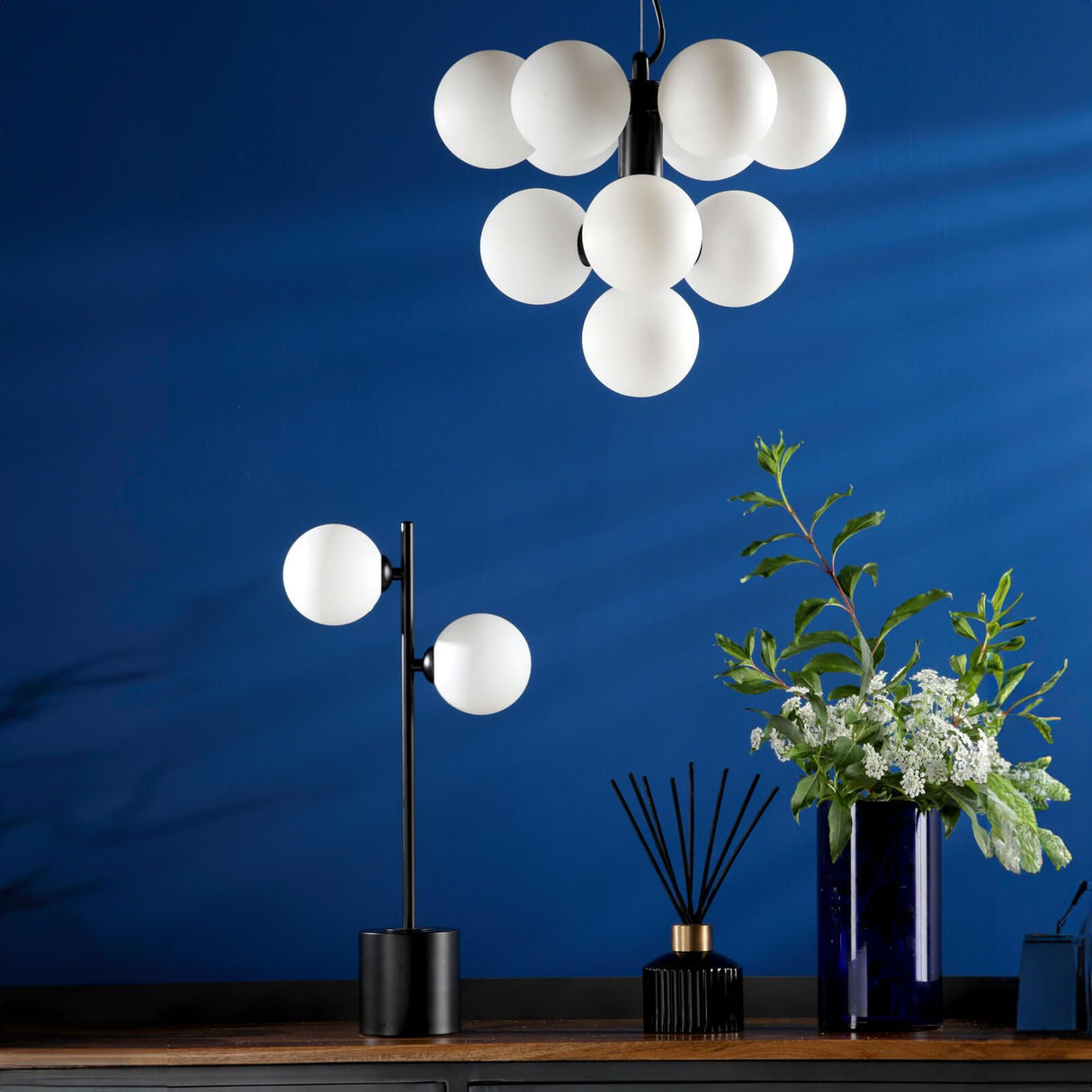 Vine 10 Light Pendant Satin Black With Opal Glass