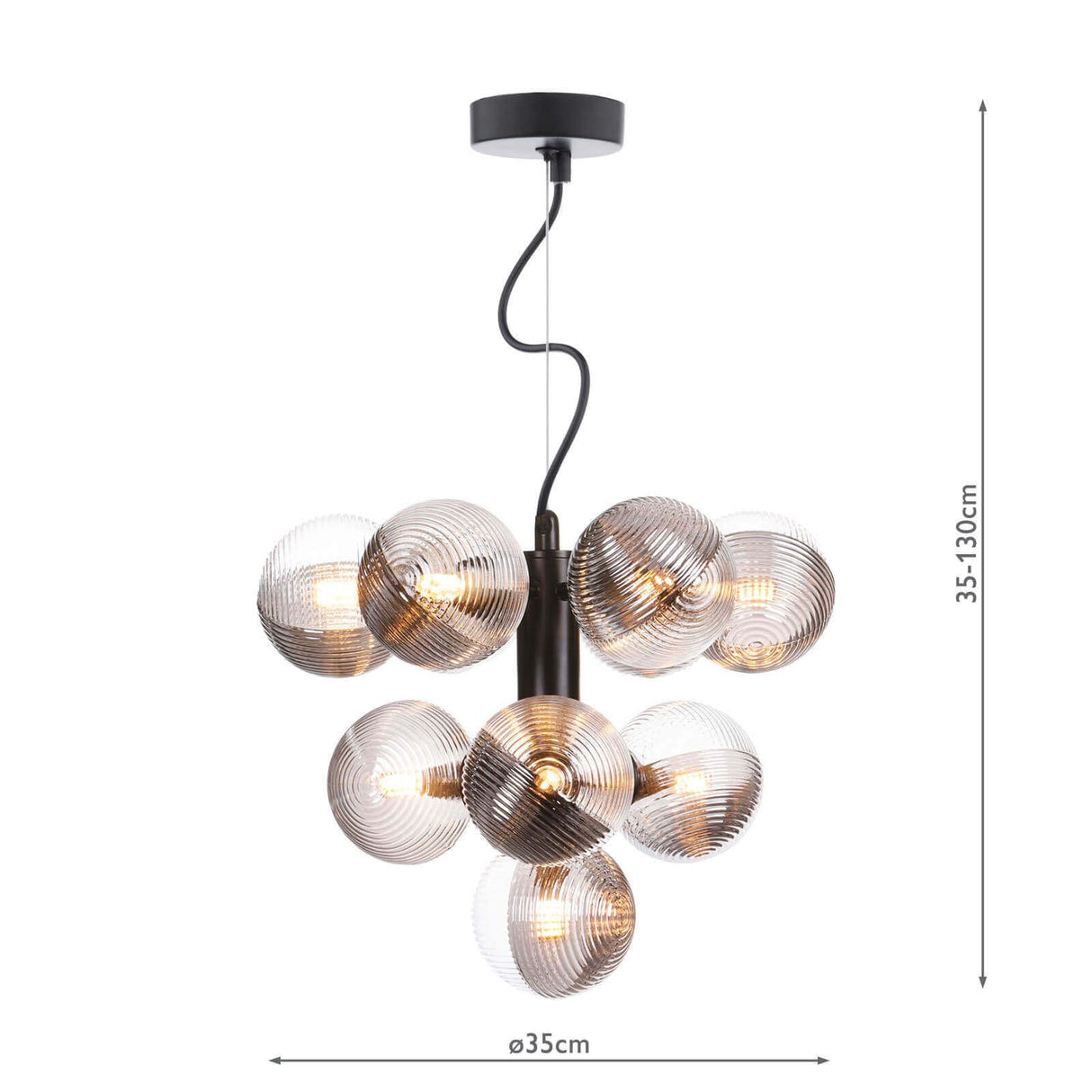 Vine 10 Light Pendant Satin Black With Smoked/Clear Ribbed Glass