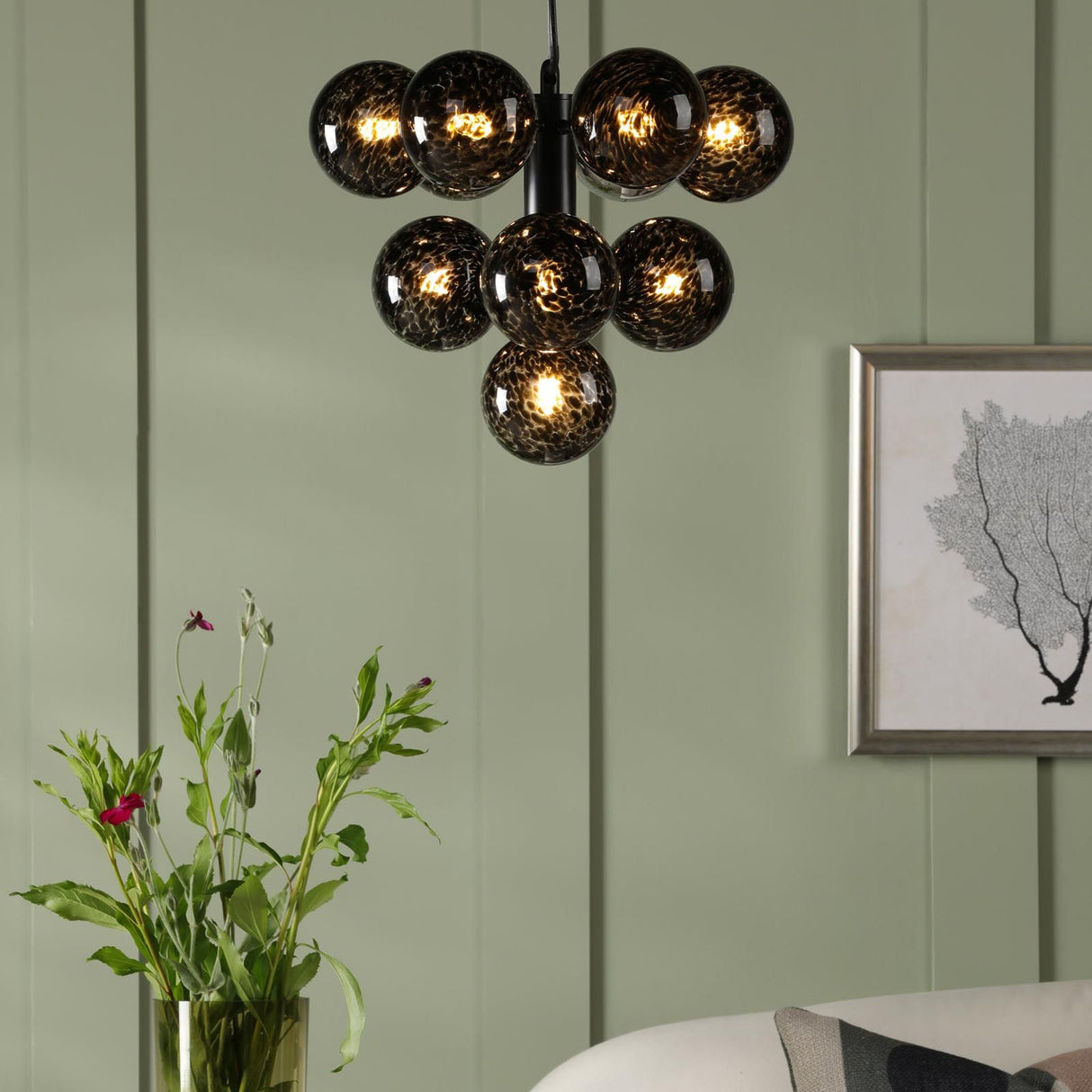 Vine 10 Light Pendant Satin Black With Black Confetti Glass