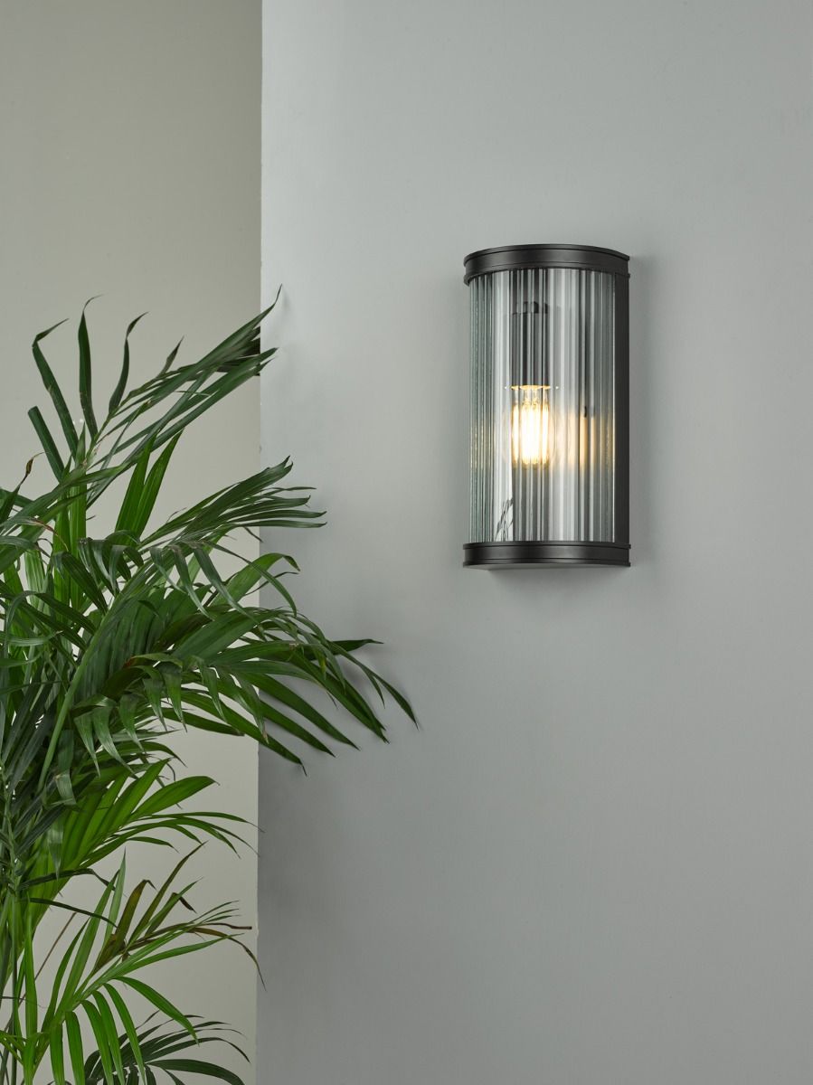 Anund Bathroom Wall Light Matt Black Ribbed Glass IP44