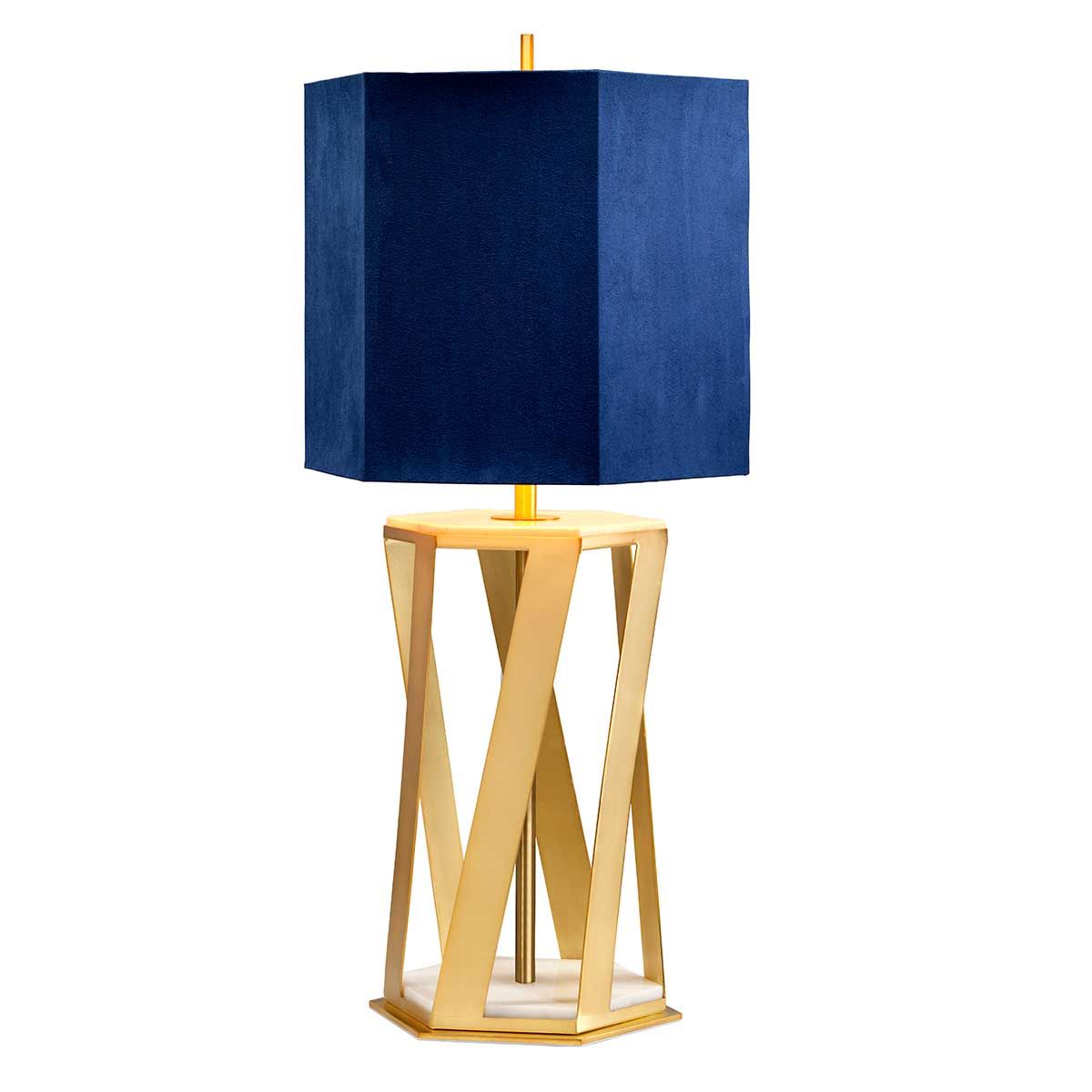 Apollo Brushed Brass Table Lamp with Navy Hexagonal Shade
