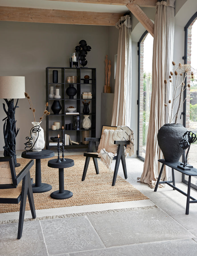 Sleek Black Wood Cabinet with Open Shelving – 106x35x190 cm Rayna Collection