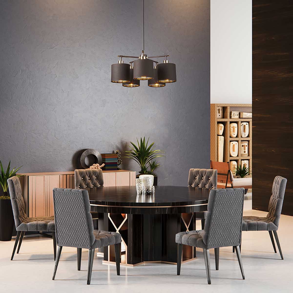 Elegant Balance 5 Light Chandelier in Mocha Brown and Polished Brass
