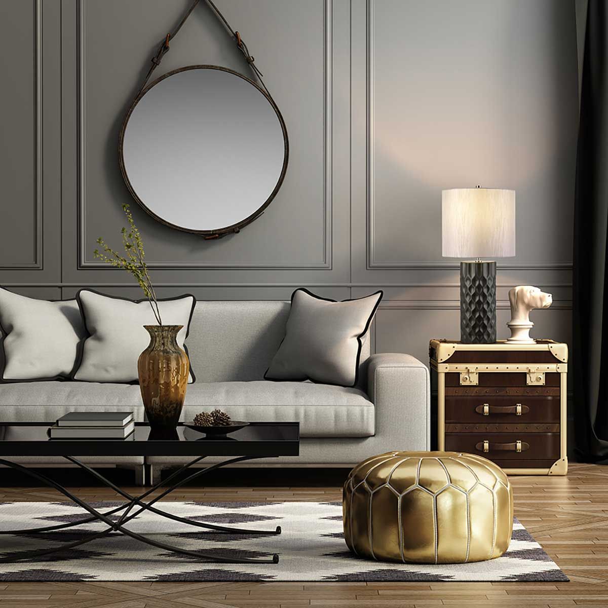 Graphite Elegance Table Lamp with Silver Silk Drum Shade