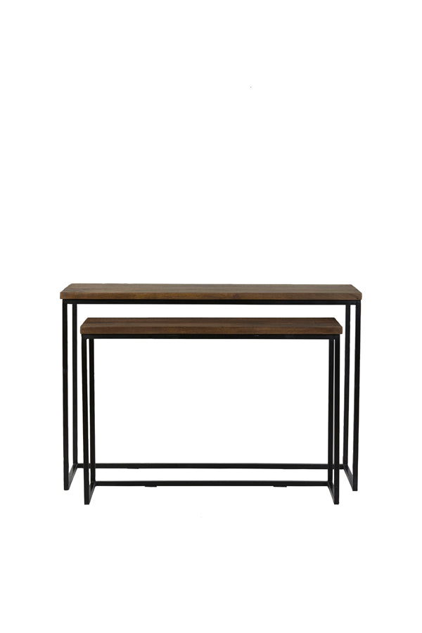 Rustic Modern Dual Console Set in Warm Wood Tones and Black Metal 100x30x70+120x40x82 cm