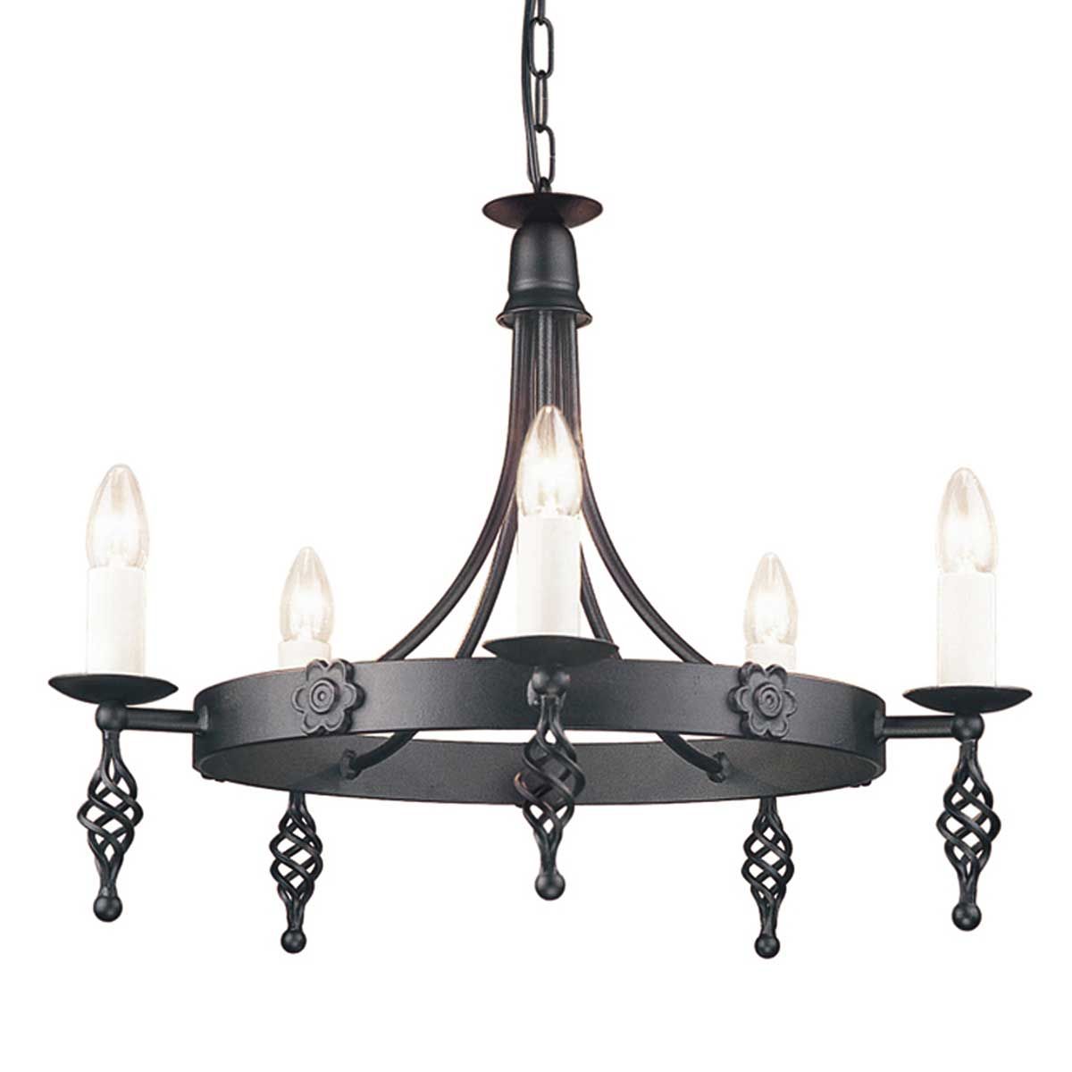 Belfry 5-Light Medieval Cartwheel Chandelier in Black Steel