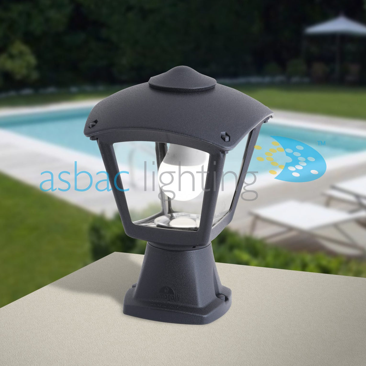 Roby Disma 8.5W E27 LED CCT, Modern Pedestal Lantern, Black/Clear