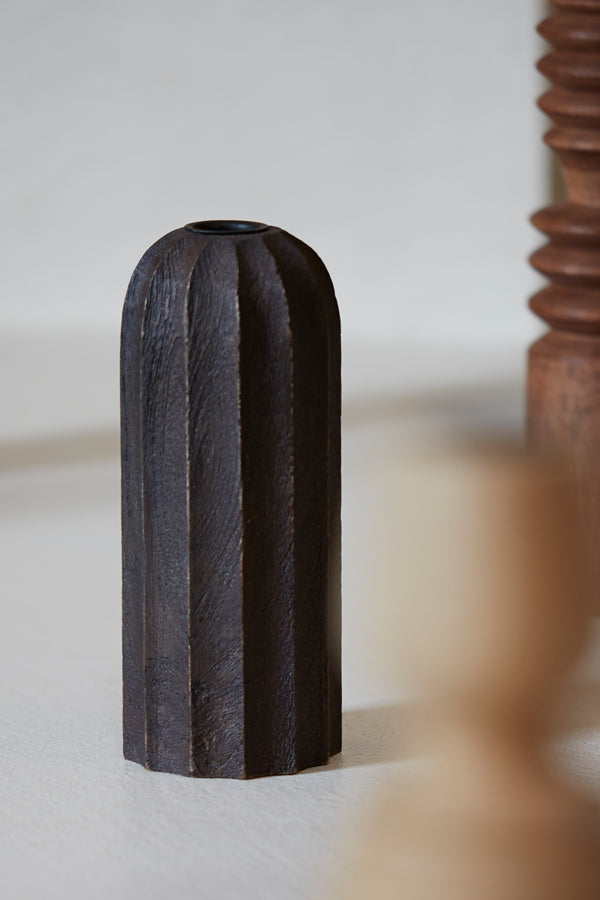 Dark Brown Matte Wooden Candle Holder - Ø7.5x18.5 cm