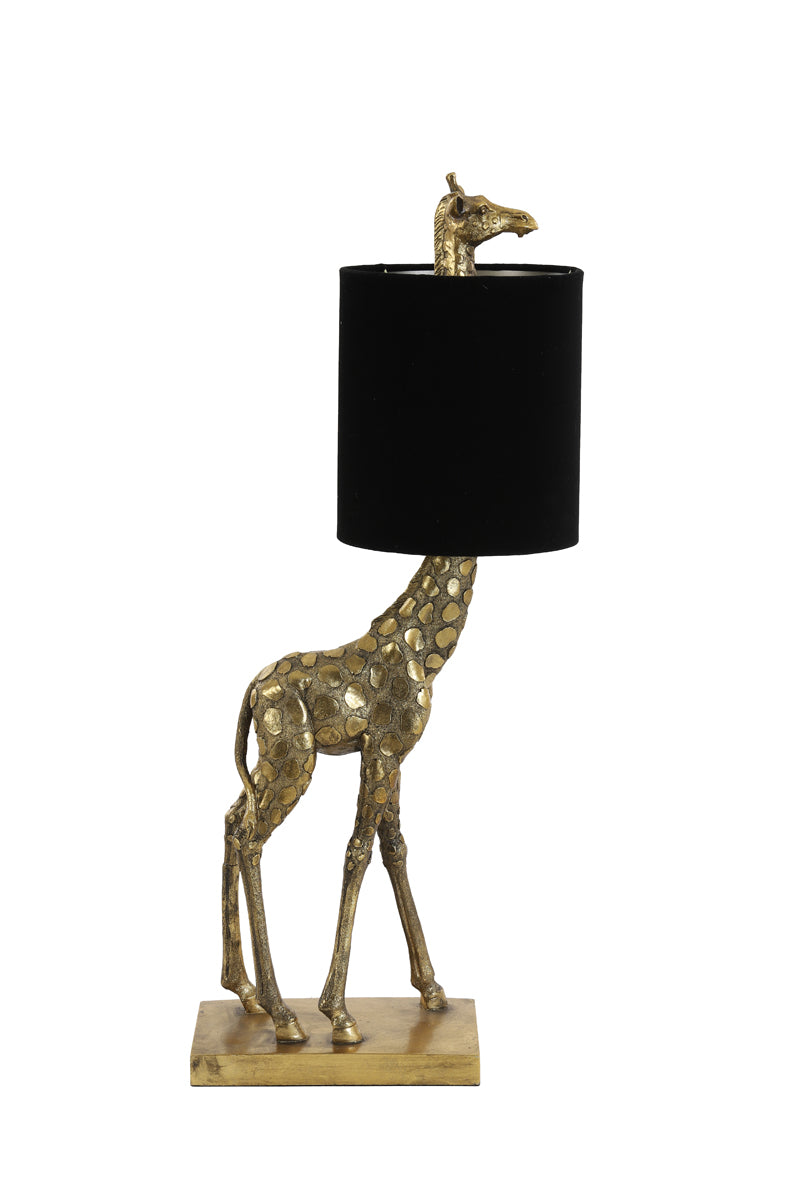 Antique Bronze Giraffe Table Lamp with Velvet Black Shade, 26x16x61 cm