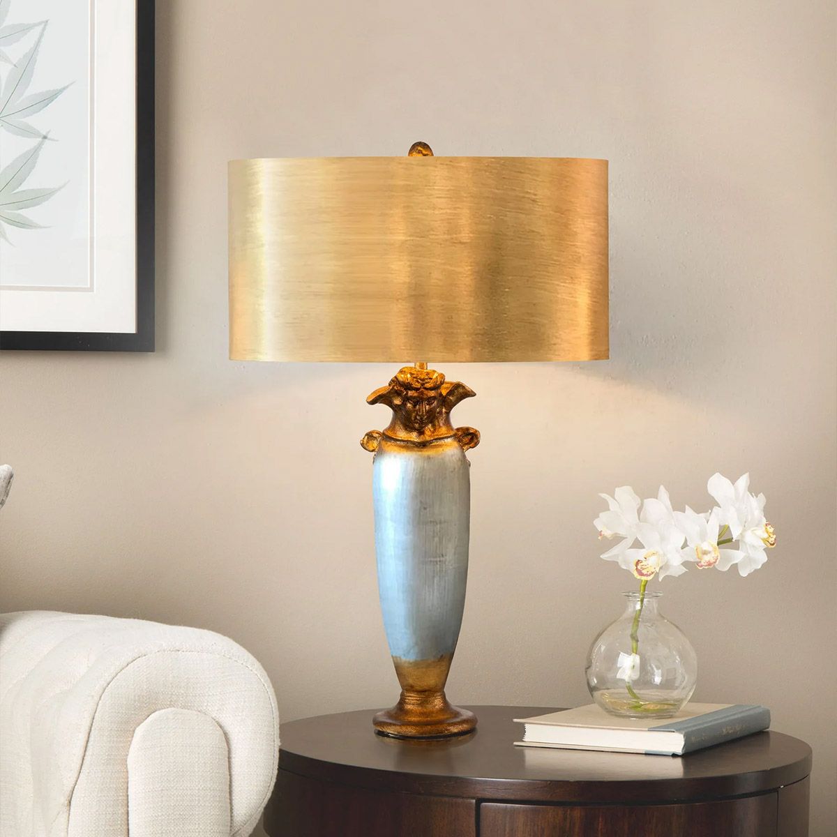 Bienville Vintage-Inspired Table Lamp with Dual-Tone Metallic Finish and Oversized Drum Shade