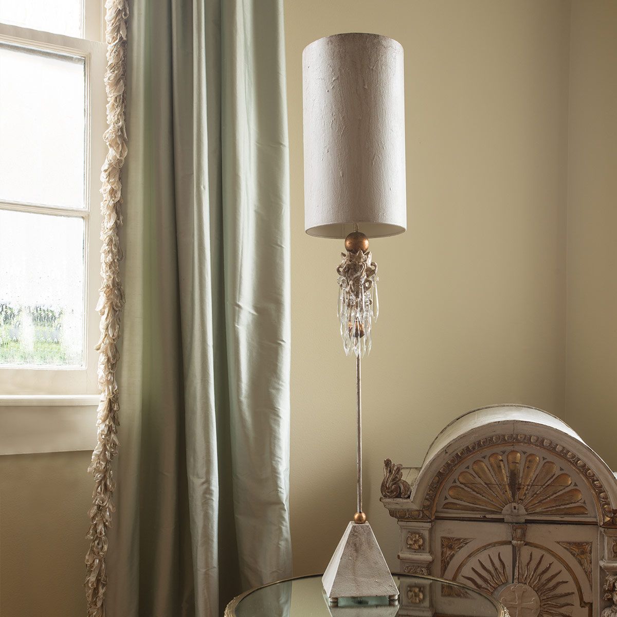 Madison Sculpted Steel Table Lamp with Crystal Accents and Putty Patina Shade