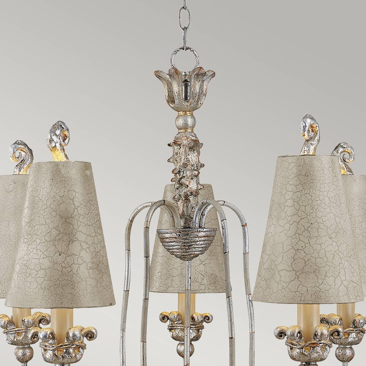 Remi Ornate Gothic Chandelier in Silver with Ivory and Crackle Shades