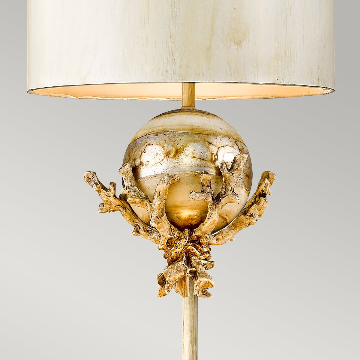 Putty Patina and Silver Leaf Trellis Floor Lamp with Hand-Painted Cylinder Shade