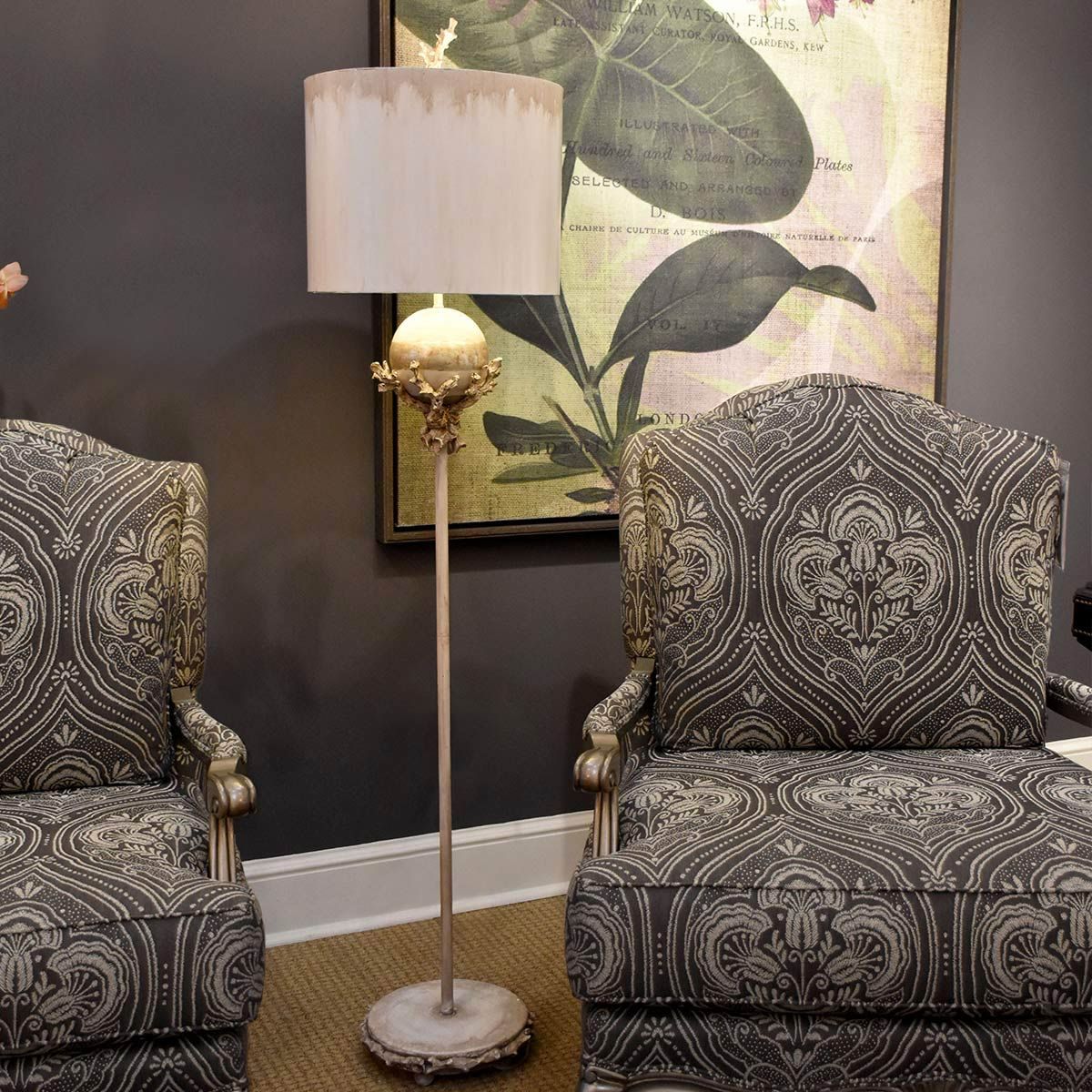 Putty Patina and Silver Leaf Trellis Floor Lamp with Hand-Painted Cylinder Shade