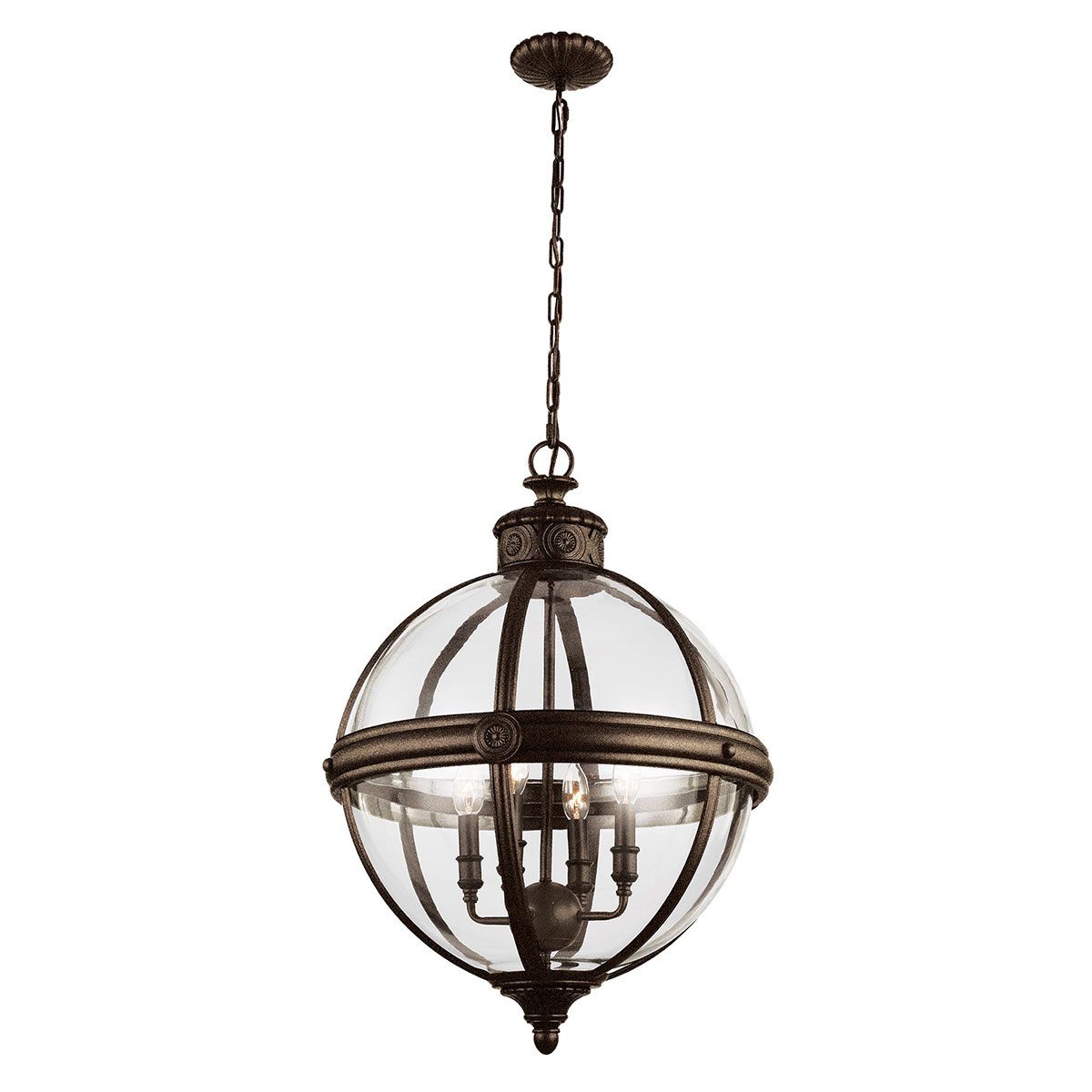 Adams Victorian Bronze Globe Pendant Chandelier with 4 Bulb Orbs