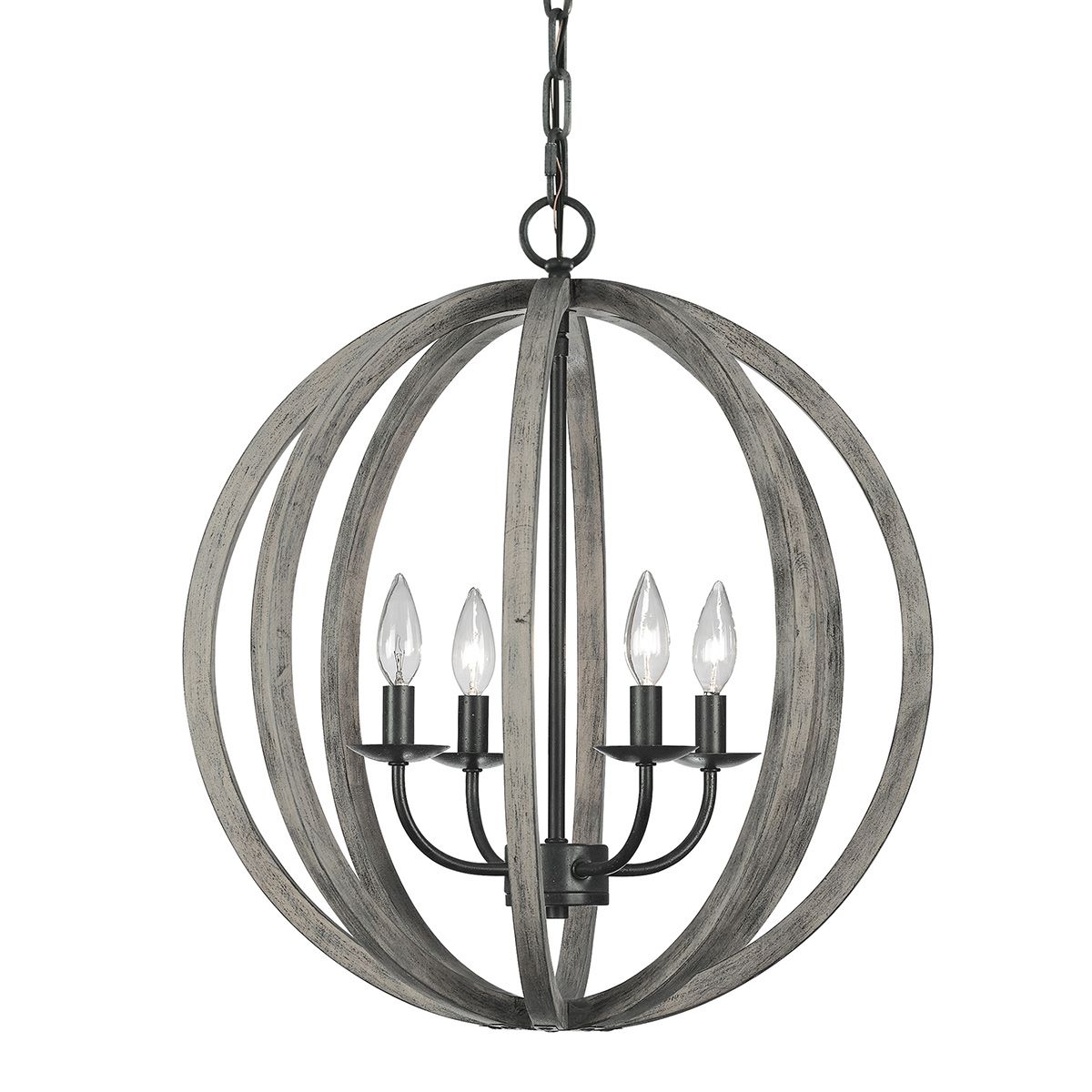 Rustic Elegance: Weathered Wood and Iron Globe Chandelier