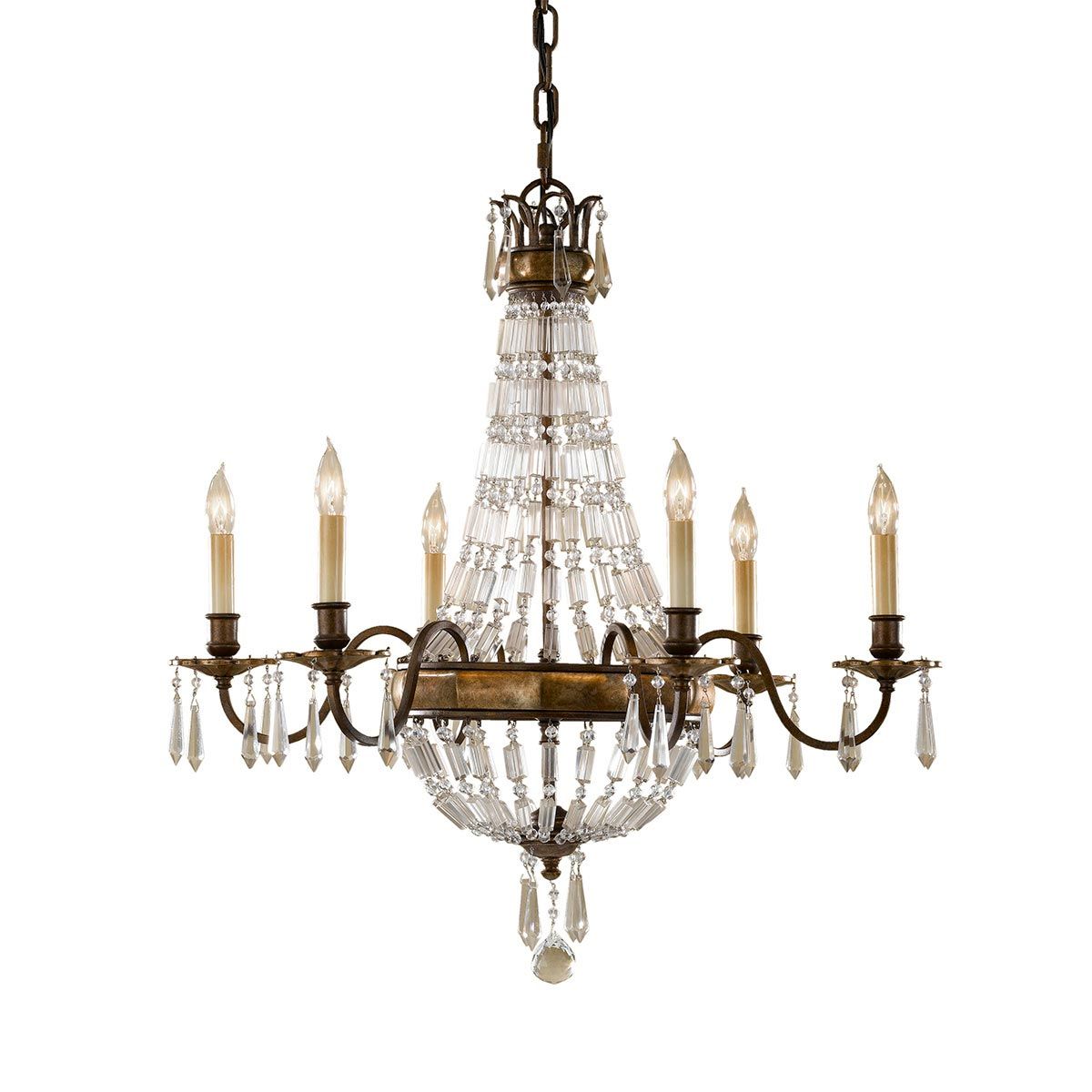 Vintage French-Inspired 6-Light Chandelier in Rustic Bronze with Quartz Crystal Accents