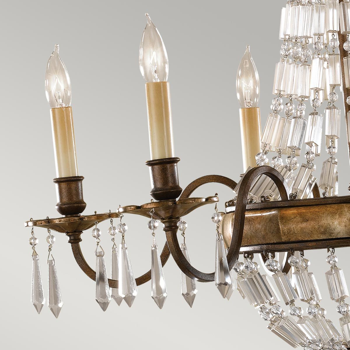 Vintage French-Inspired 6-Light Chandelier in Rustic Bronze with Quartz Crystal Accents