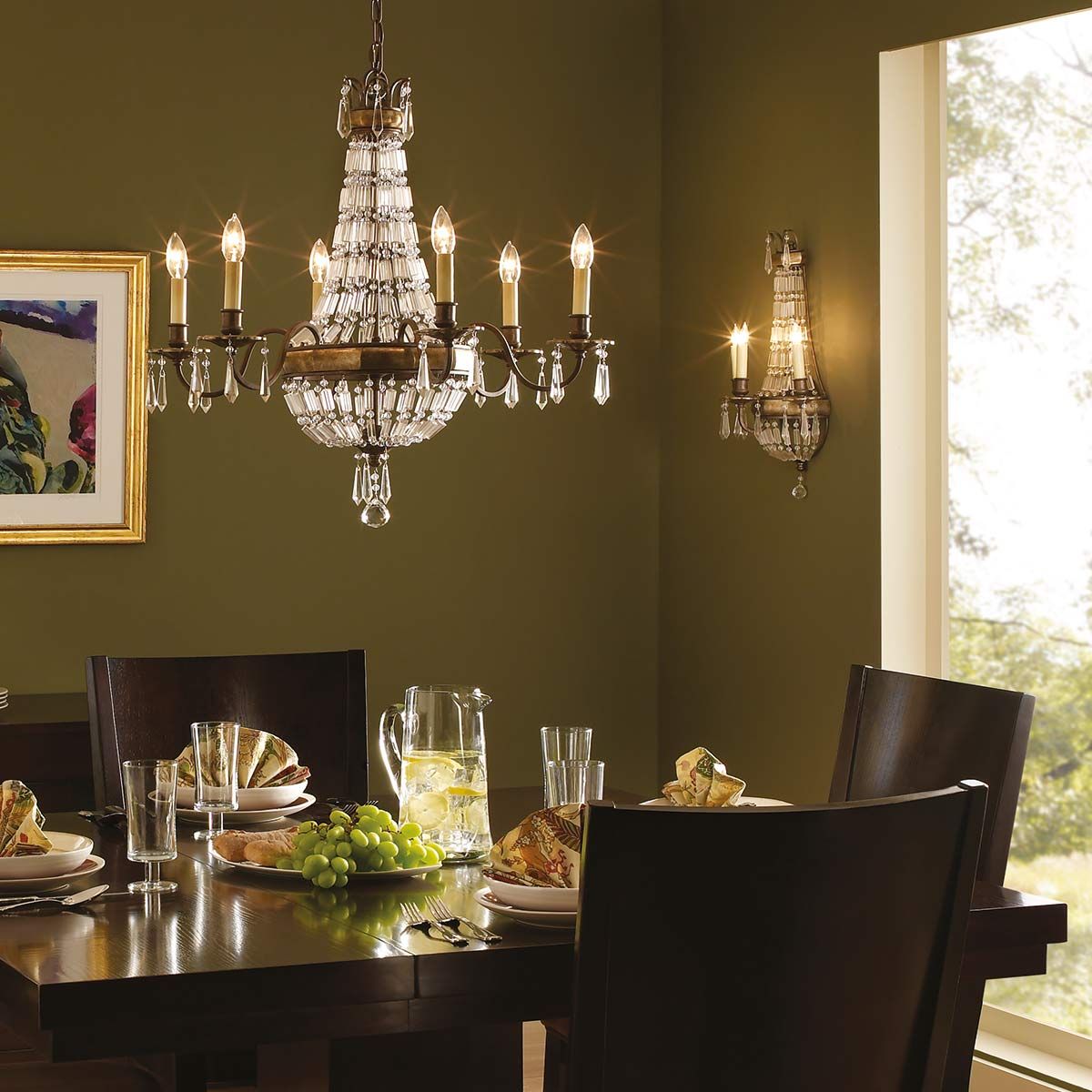 Vintage French-Inspired 6-Light Chandelier in Rustic Bronze with Quartz Crystal Accents