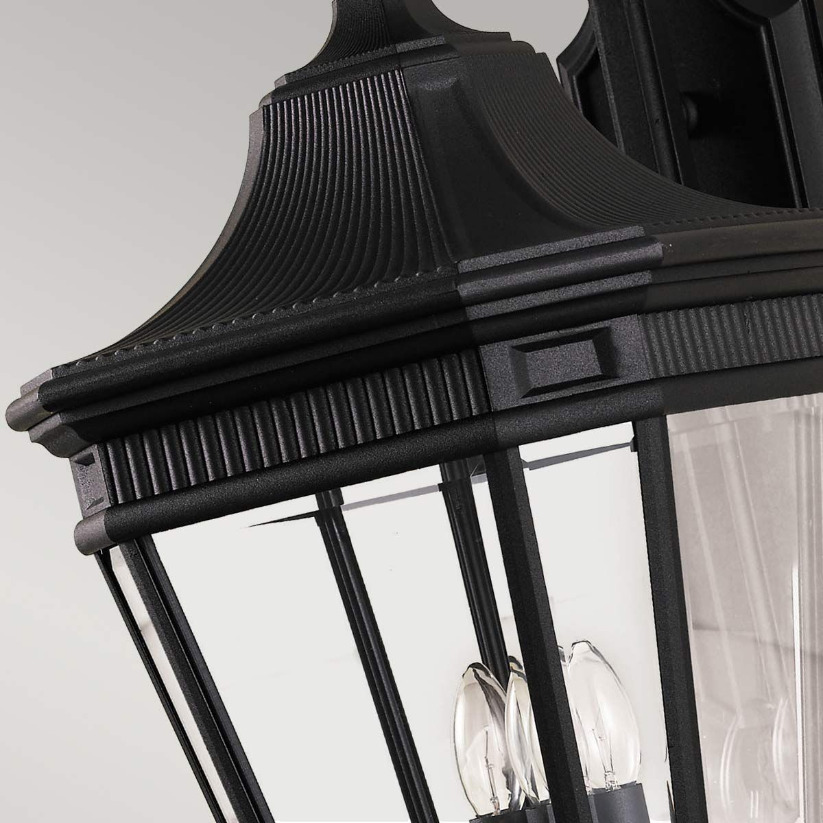 Elegant Matt Black Triple-Bulb Wall Lantern with Clear Glass Panels
