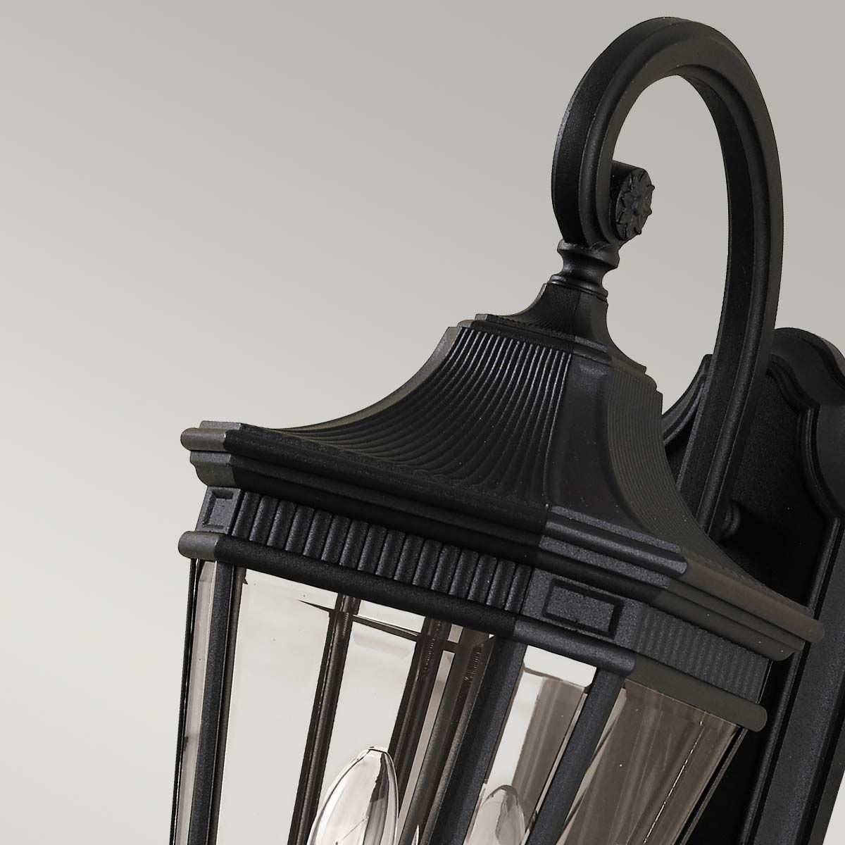 Elegantly Crafted Black Double-Bulb Wall Lantern with Clear Beveled Glass