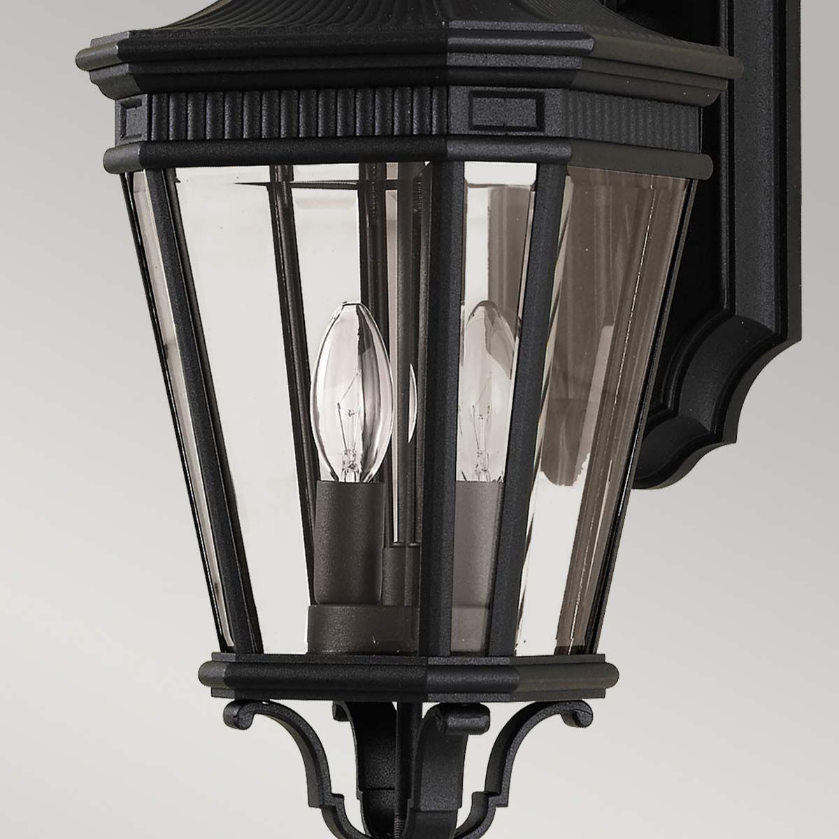 Elegantly Crafted Black Double-Bulb Wall Lantern with Clear Beveled Glass
