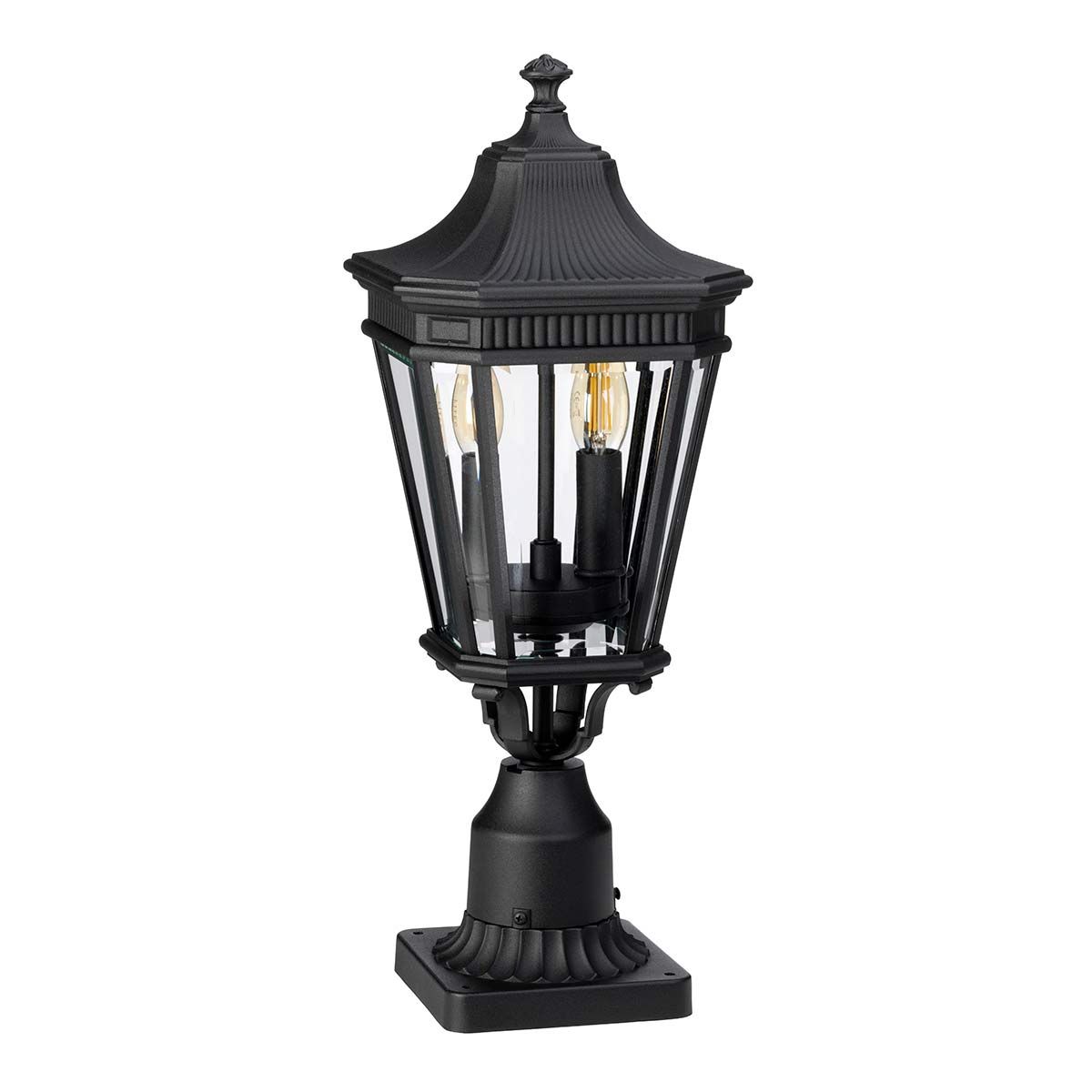 Victorian-Inspired Black Lantern Pedestal with Beveled Glass Details