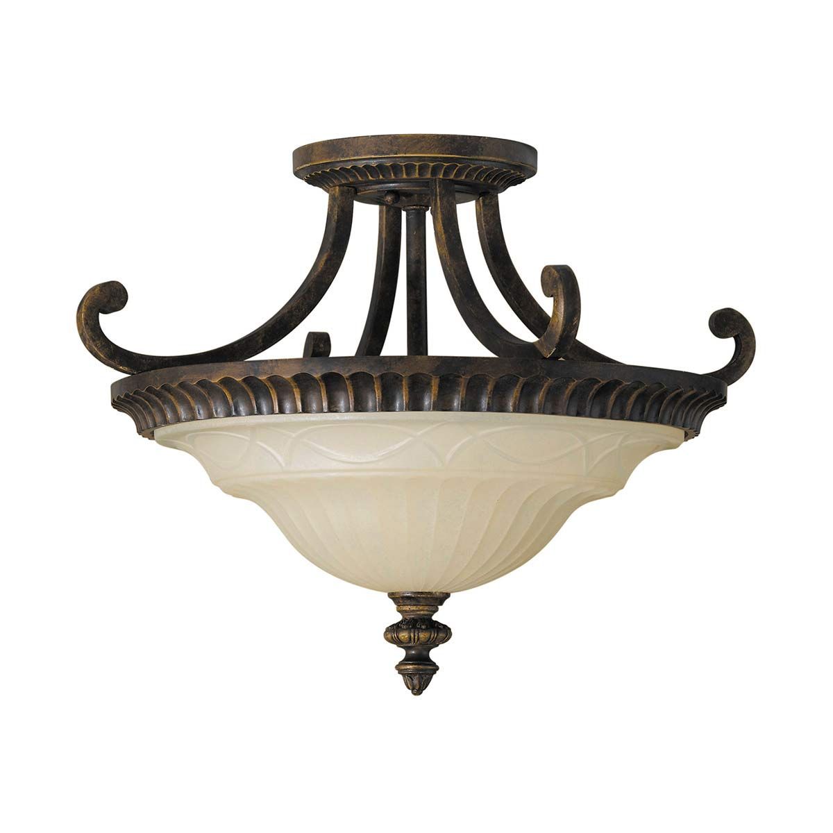 Edwardian Bronze Semi-Flush Ceiling Light with Scavo Glass and Walnut Finish