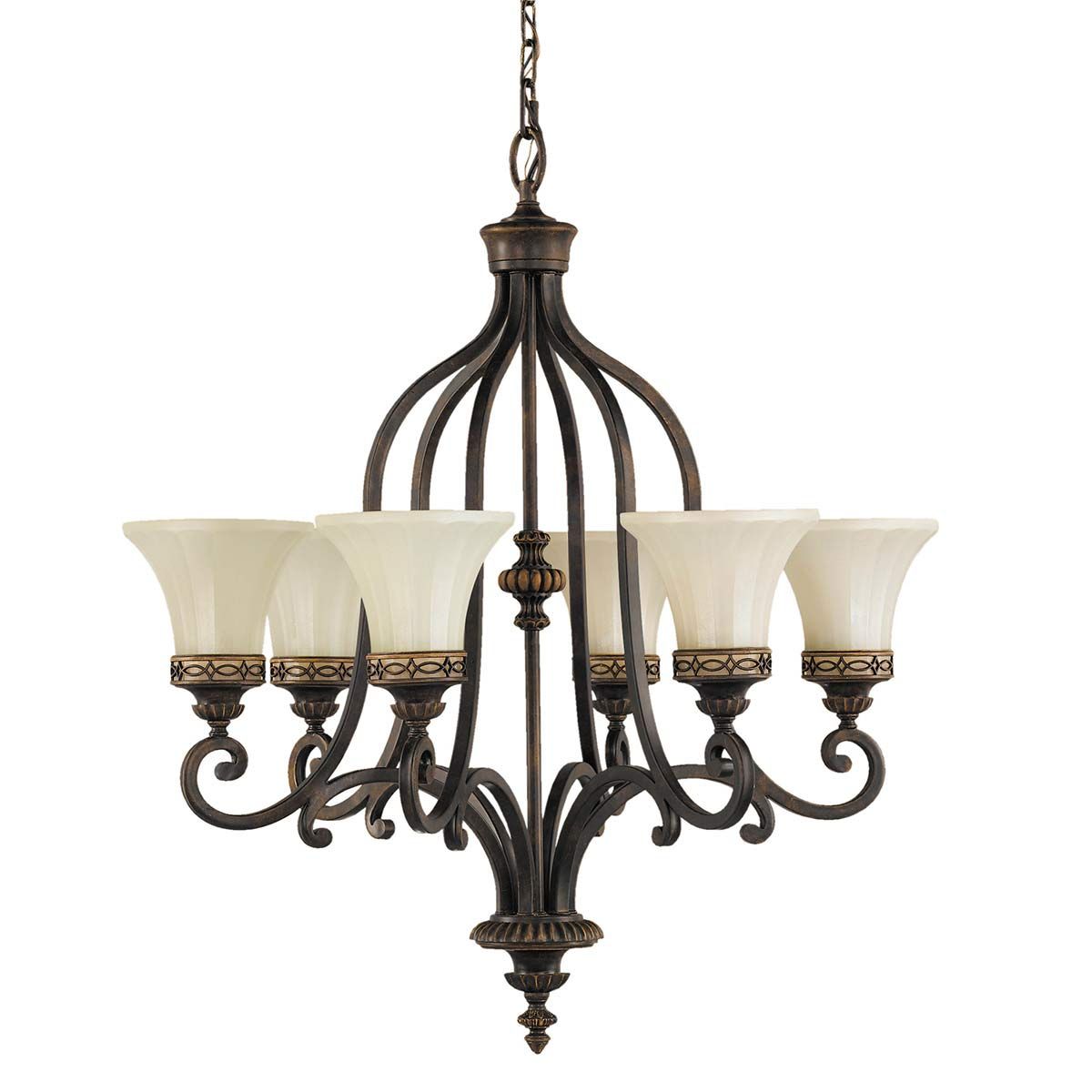 Edwardian-Style 6-Light Walnut Ceiling Chandelier with Amber Scavo Glass Shades