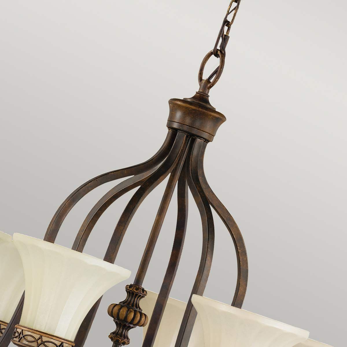 Edwardian-Style 6-Light Walnut Ceiling Chandelier with Amber Scavo Glass Shades