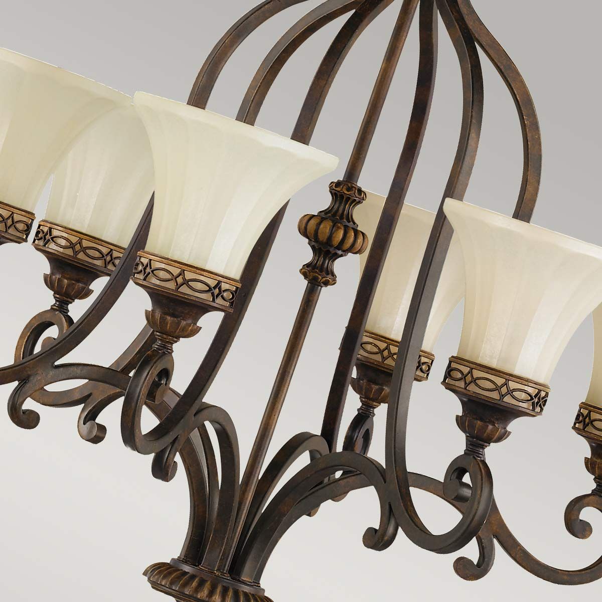 Edwardian-Style 6-Light Walnut Ceiling Chandelier with Amber Scavo Glass Shades