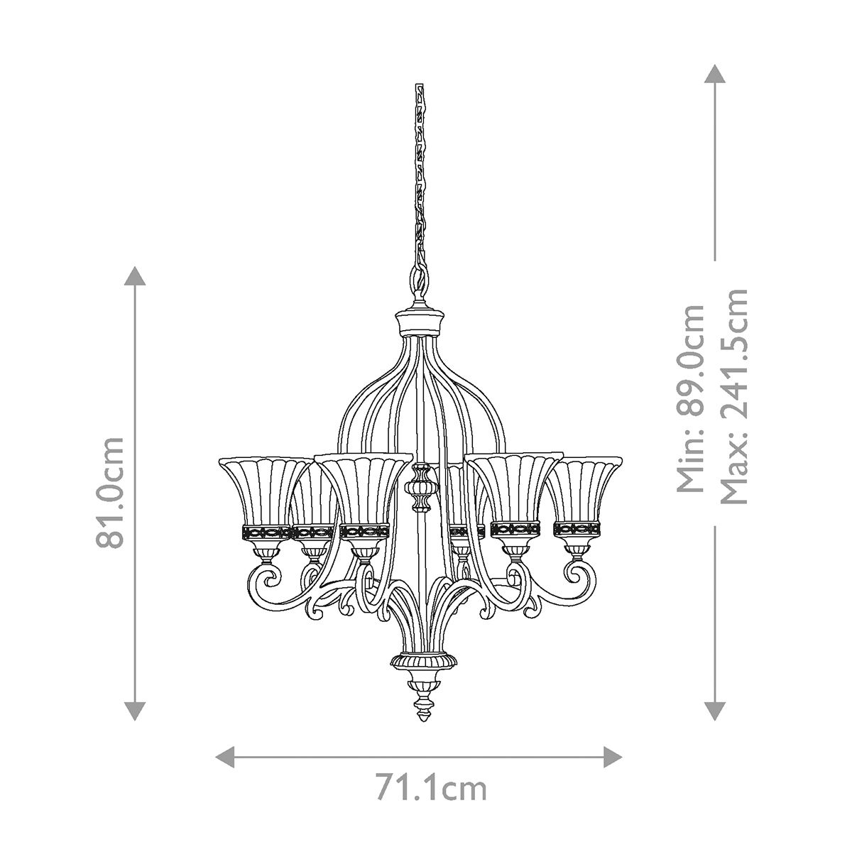 Edwardian-Style 6-Light Walnut Ceiling Chandelier with Amber Scavo Glass Shades