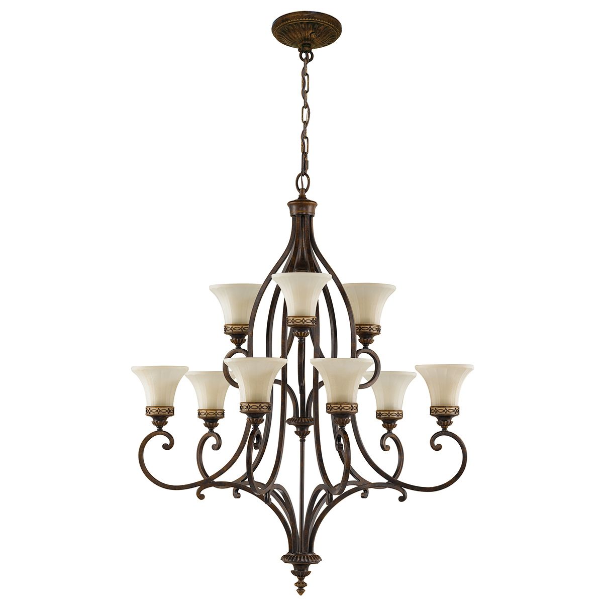 Georgian Bronze Twin-Tier Chandelier with Amber Scavo Glass and Walnut Finish