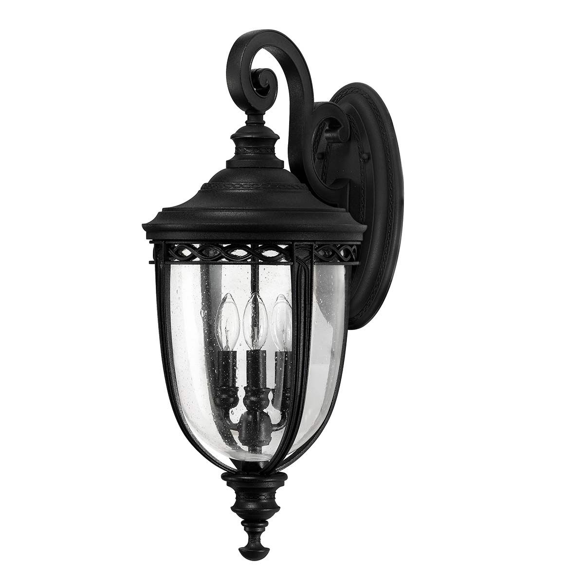 Elegant Black Garden Wall Lantern with Seeded Glass Details
