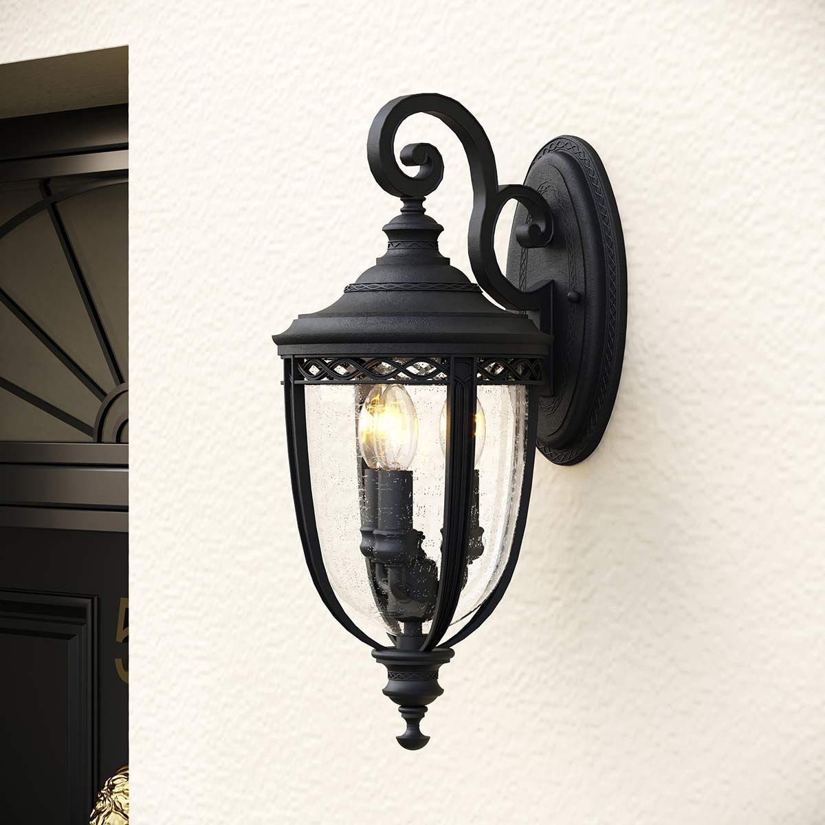 Elegant Black Garden Wall Lantern with Seeded Glass Details