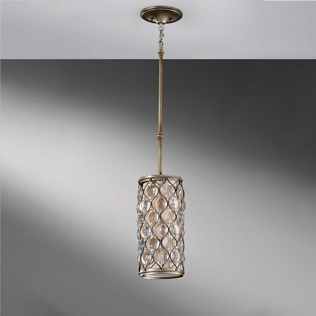 Elegant Burnished Silver Crystal Cylinder Pendant Lamp with Bauhinia Accents