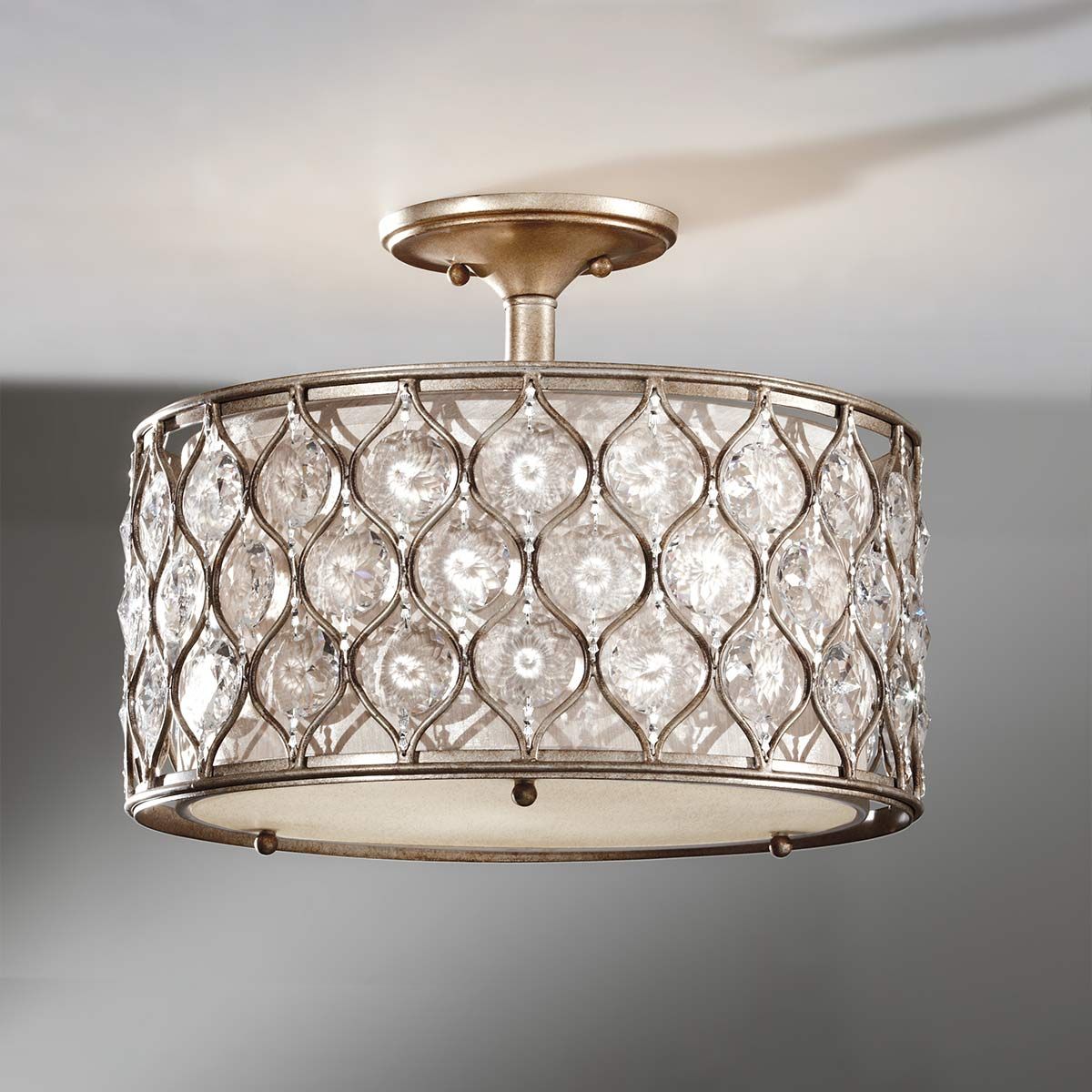 Elegant Burnished Silver Semi-Flush Lamp with Crystal Sunflower Shade