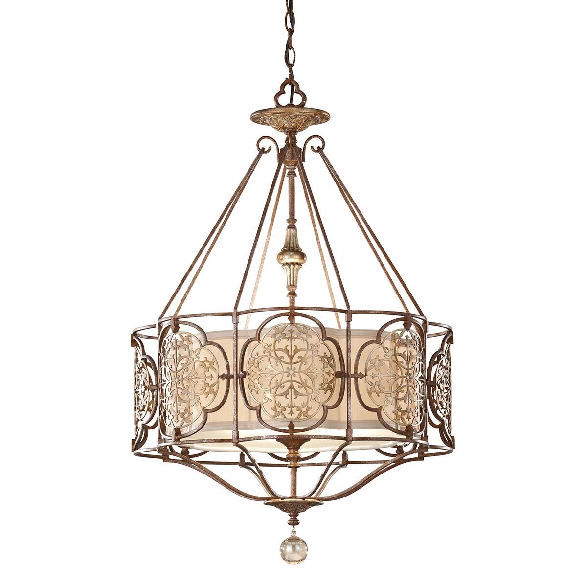 Oriental-Inspired Semi Flush Ceiling Chandelier with Fabric Shade and Bronze Finish