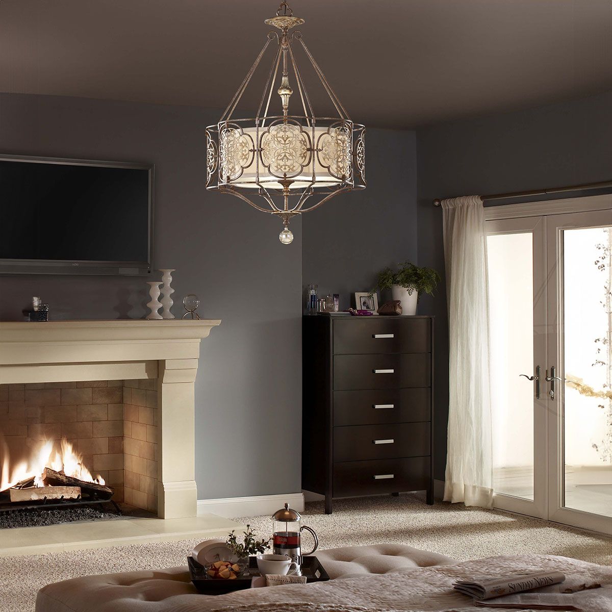 Oriental-Inspired Semi Flush Ceiling Chandelier with Fabric Shade and Bronze Finish