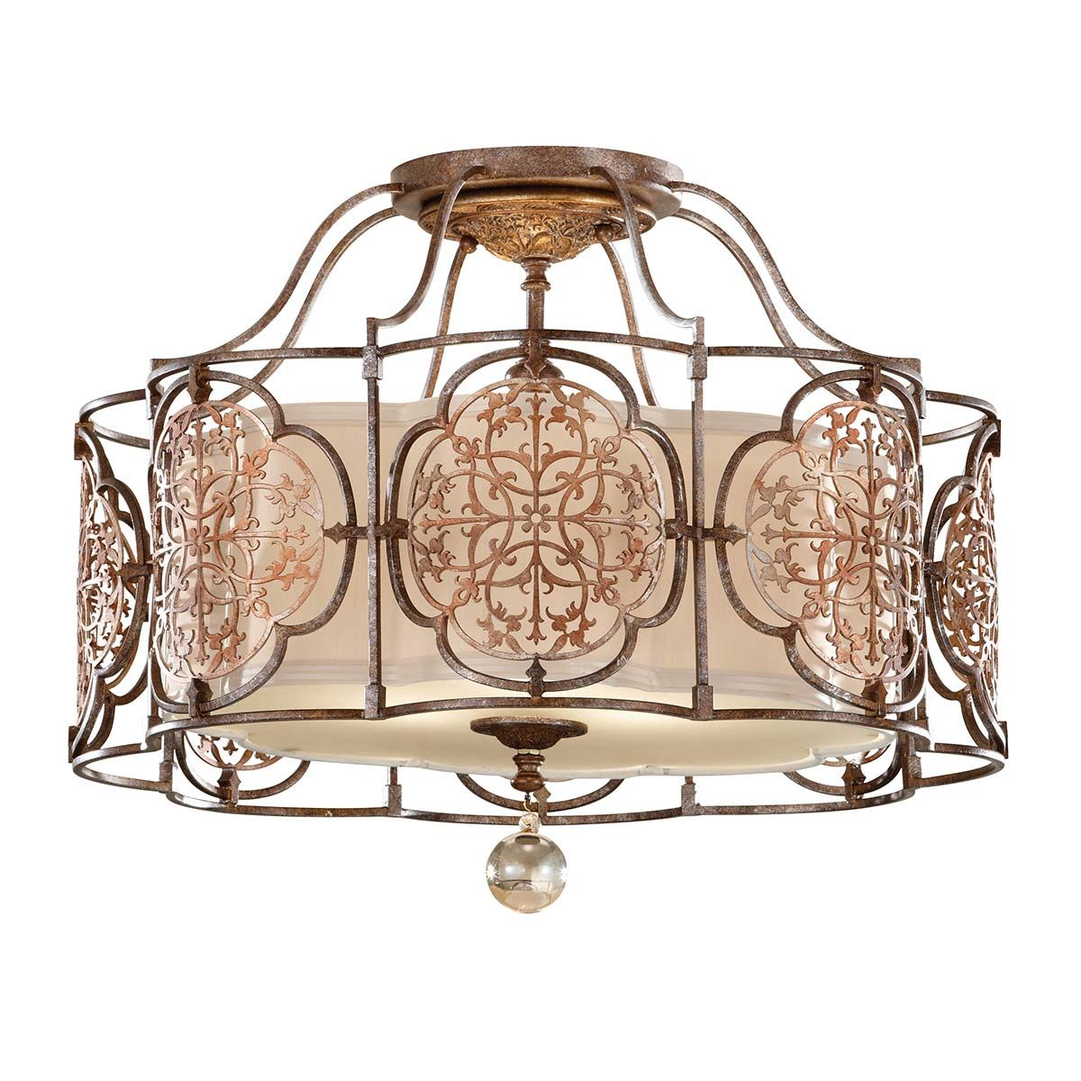 Oriental Elegance: Semi Flush Ceiling Chandelier with Fabric Shade