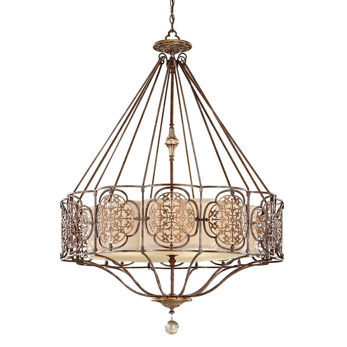 Prussian-Arabesque Oxidized Bronze Chandelier with Beige Fabric Shade