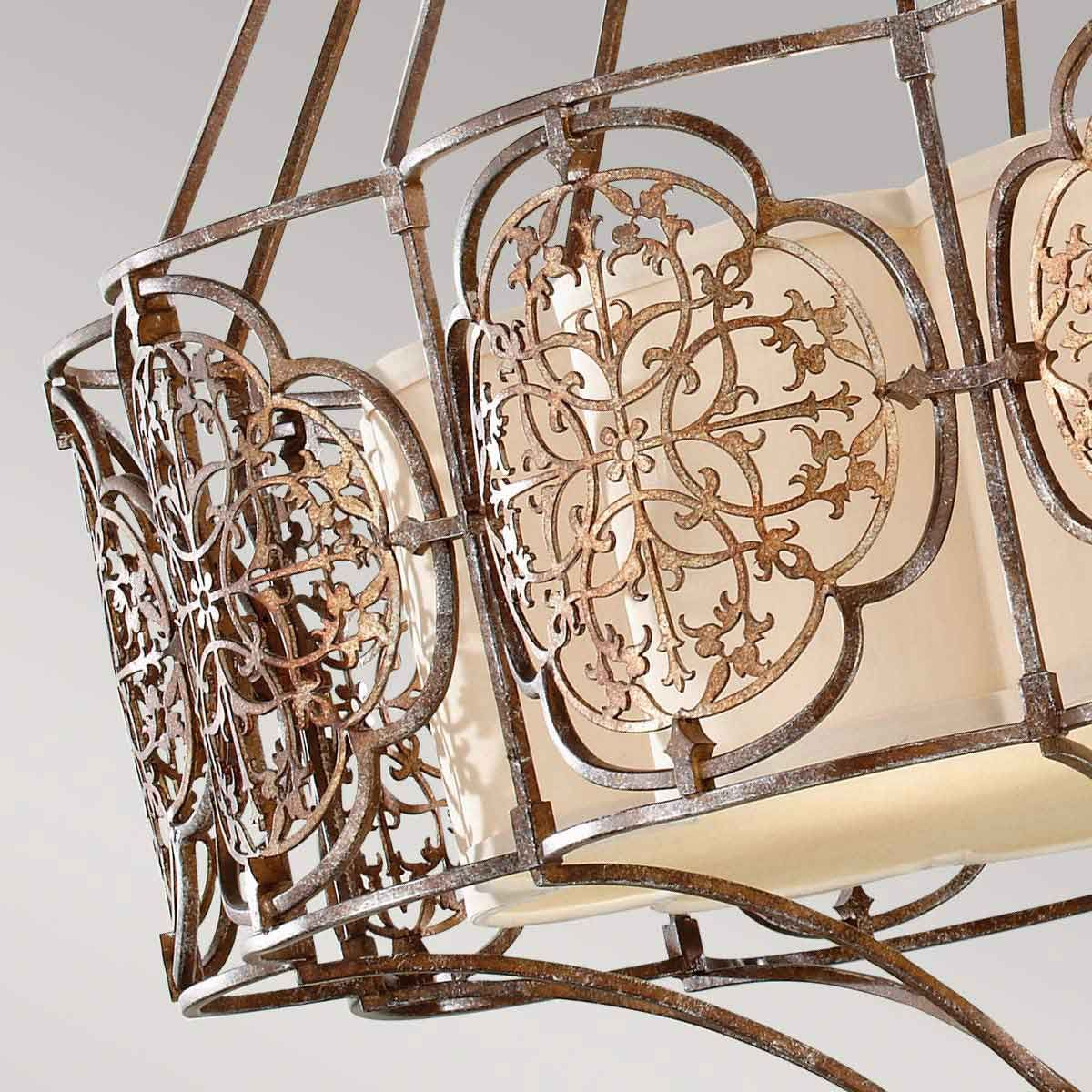 Prussian-Arabesque Oxidized Bronze Chandelier with Beige Fabric Shade