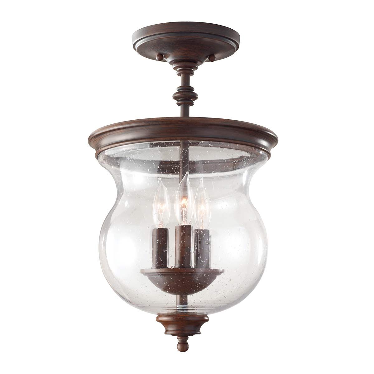 Vintage European Farmhouse Bronze Ceiling Lantern with Triple Candle-Style Bulbs and Speckled Glass Shade