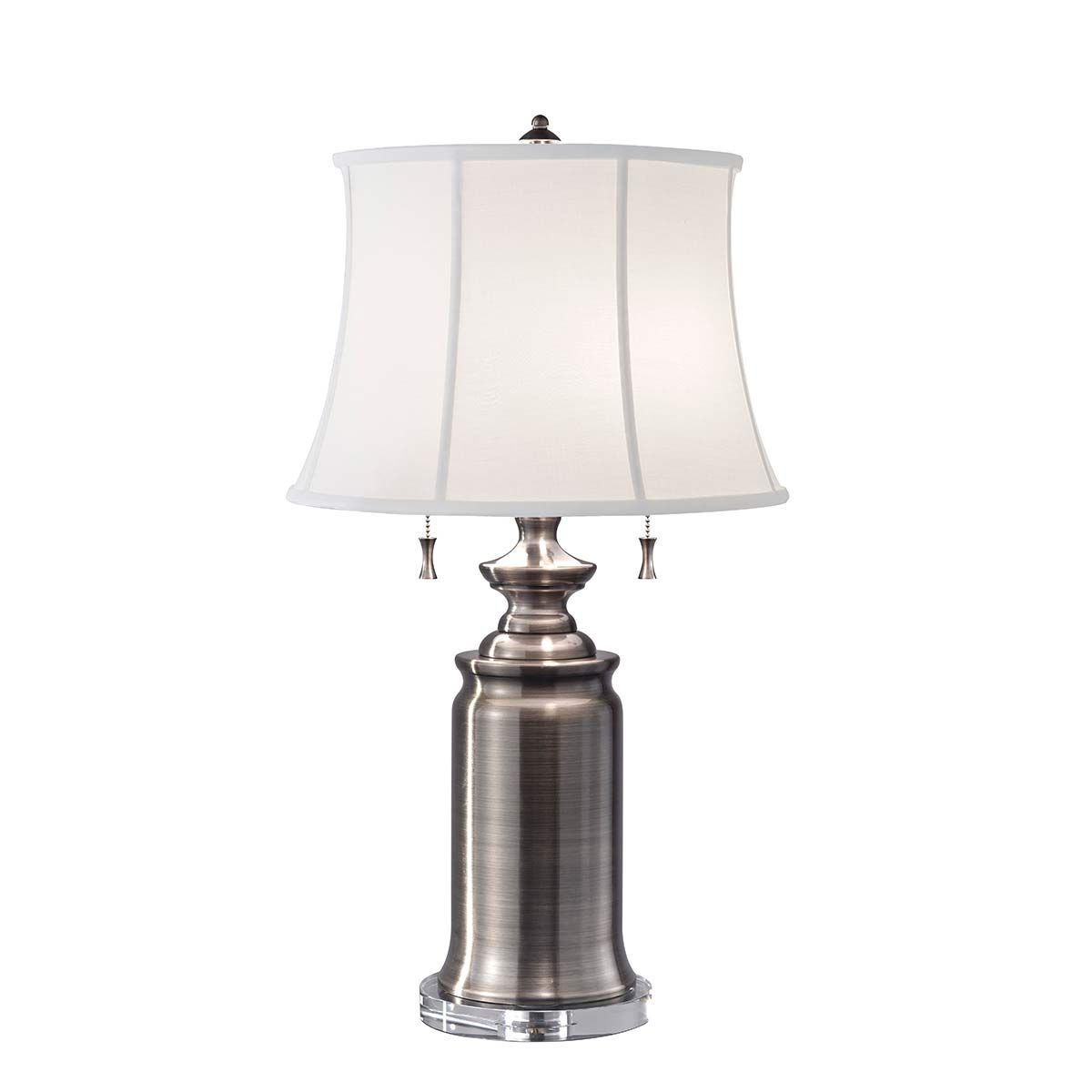 Vintage Nickel Urn Table Lamp with Dual Pull Cord Switches and White Linen Shade