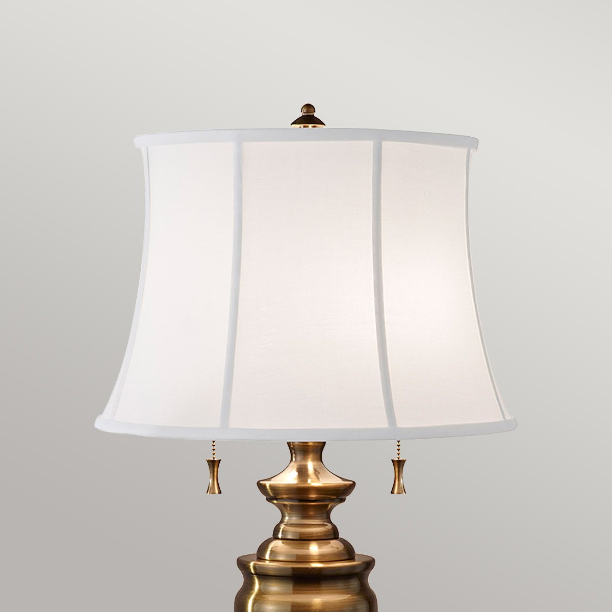 Elegant Bali Brass Urn Table Lamp with White Linen Shade and Pull Cord Switches