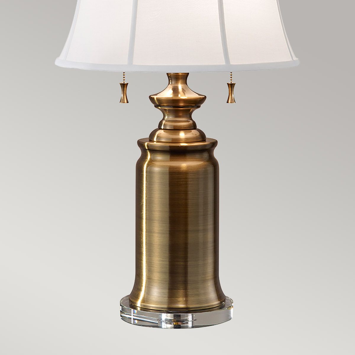 Elegant Bali Brass Urn Table Lamp with White Linen Shade and Pull Cord Switches