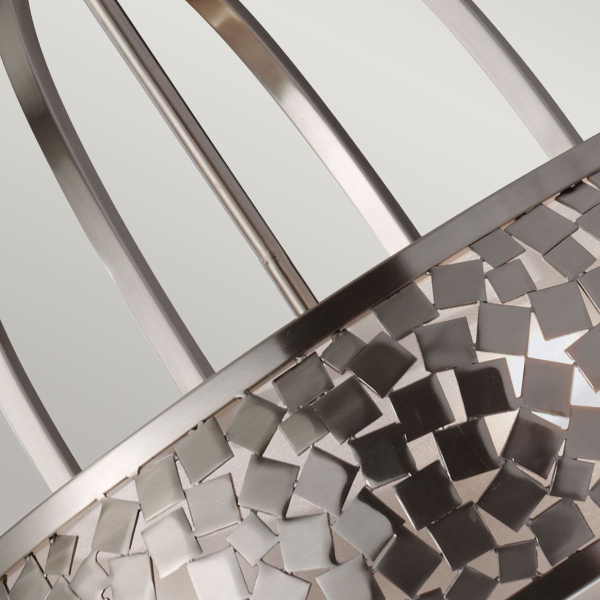 Contemporary Brushed Steel Chandelier with Hand-Welded Cut Metal and Glass Diffuser Design
